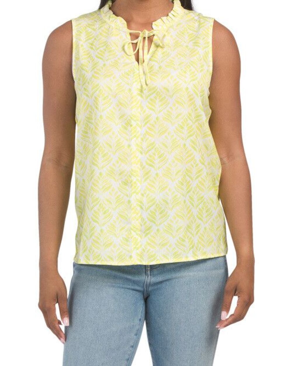 Caribbean Joe womens Yellow & Lime Print Tie Neck Sleeveless Tank Top size XL